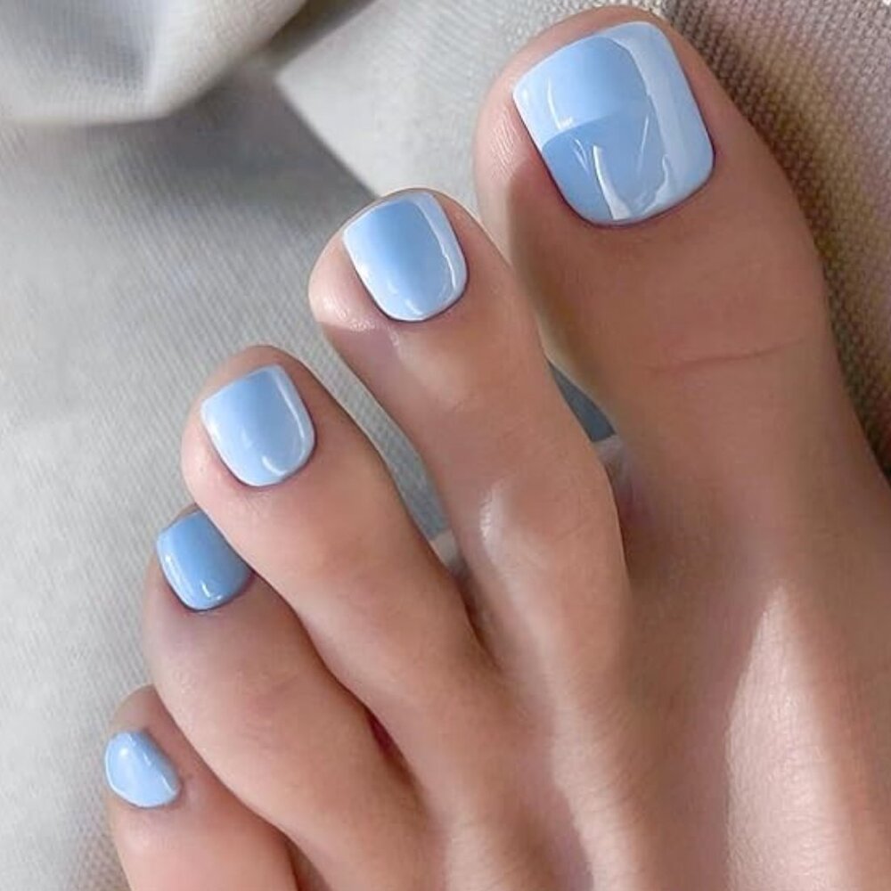 Fake Nails Blue Press On 24 Toenails Short Stylish Glossy Glam Trendy Reusable